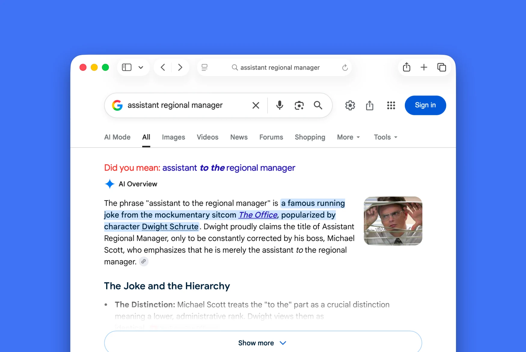 Google Search correcting "assistant regional manager" to "assistant to the regional manager"