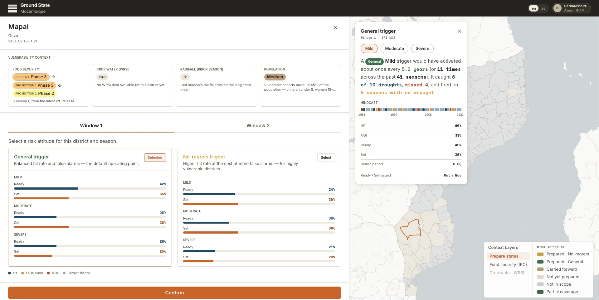 Ground State district preparation view, showing trigger options and a hindcast for Mapai