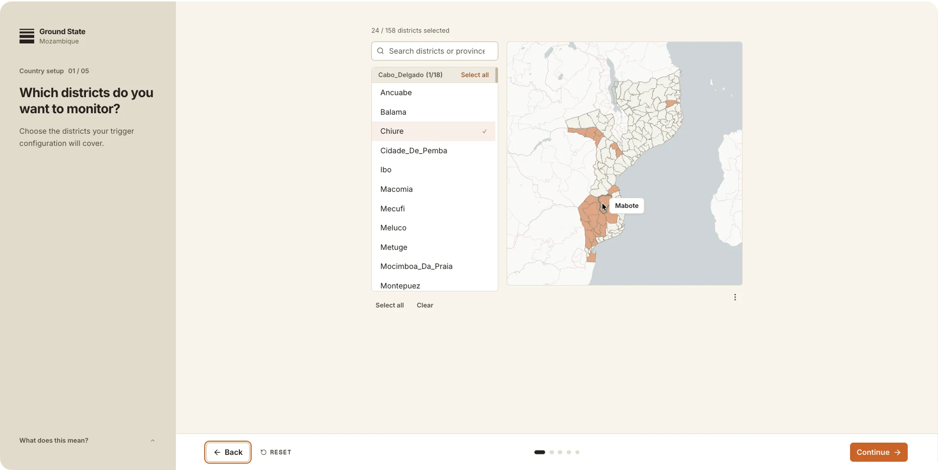 Selecting districts to monitor across Mozambique