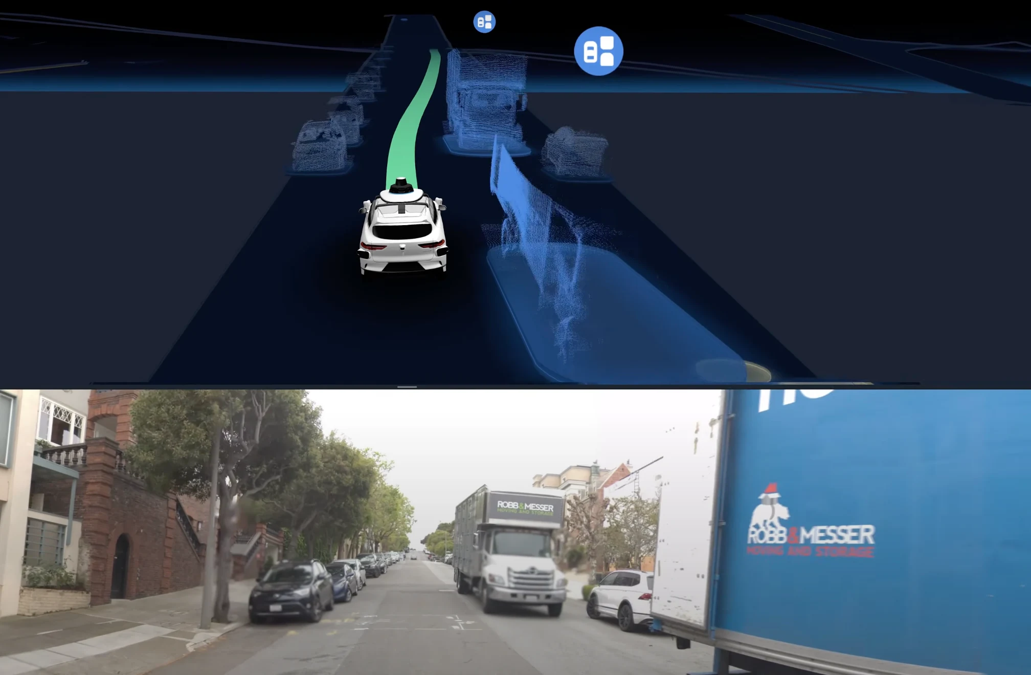 A simulated reconstruction of a San Francisco street above the camera footage it was built from
